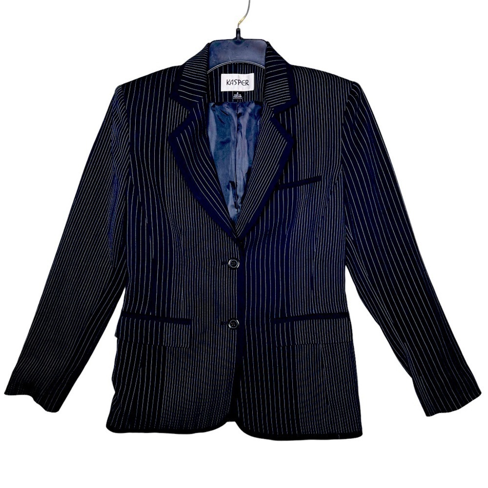 Kasper Black Pin Stripe Flap Pockets Blazer
